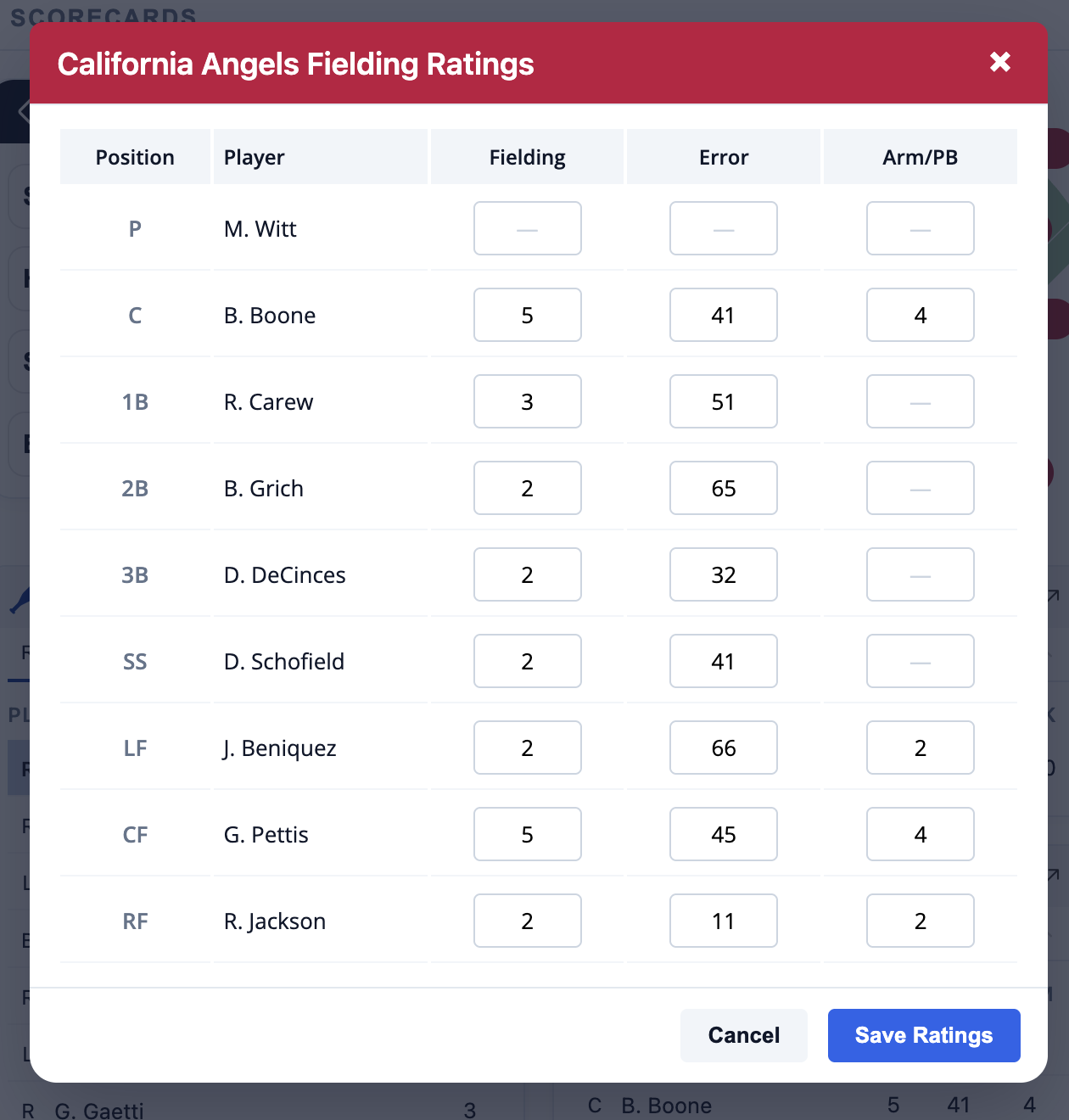 Edit fielding ratings